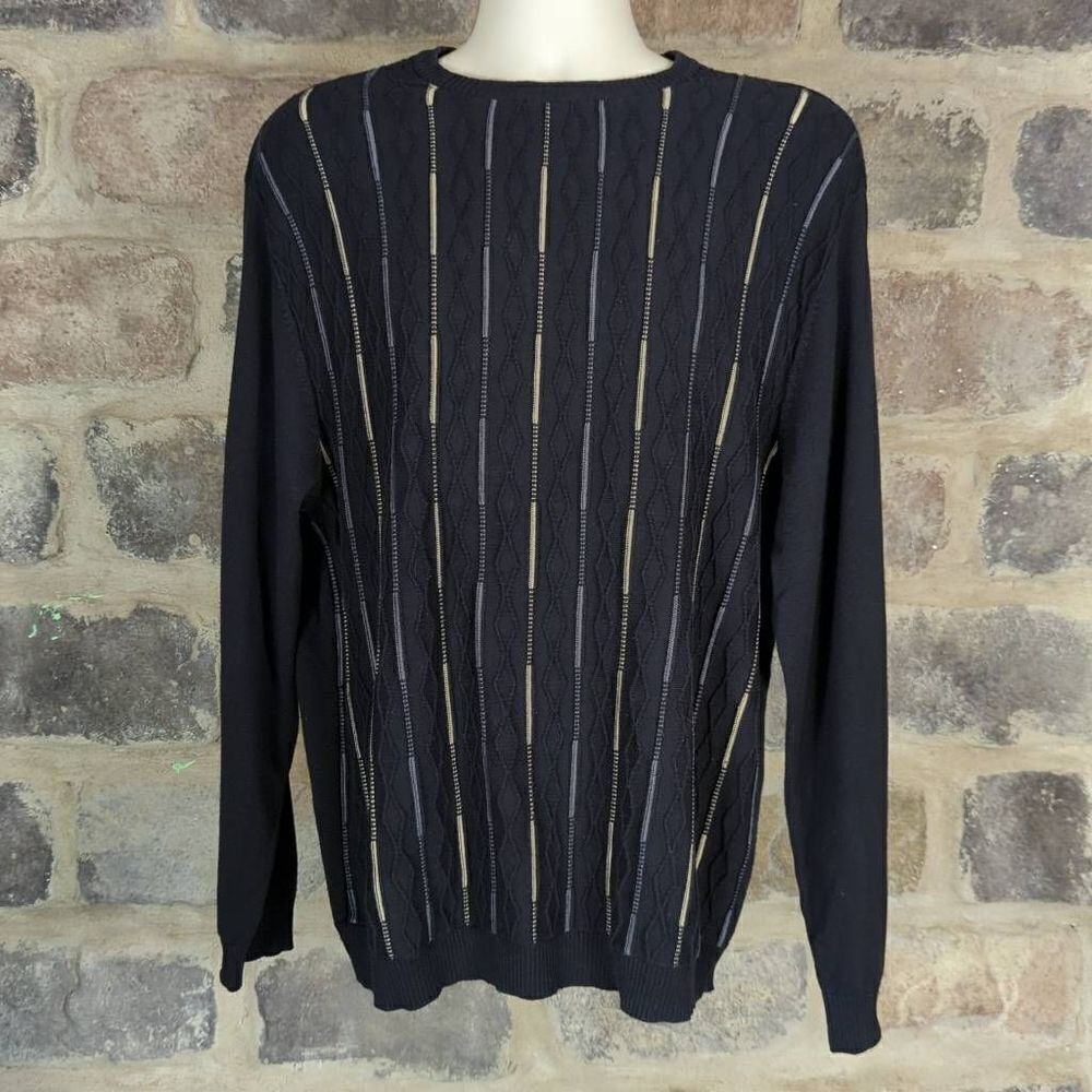 Pronto Uomo Sweater Men's Size XL Black Stripes Textured Lightweight Cosby 80's